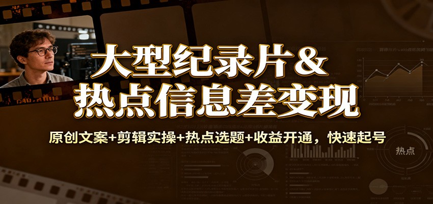 大型纪录片&热点信息差变现：原创文案+剪辑实操+热点选题+收益开通，快速起号 - 项目资源网