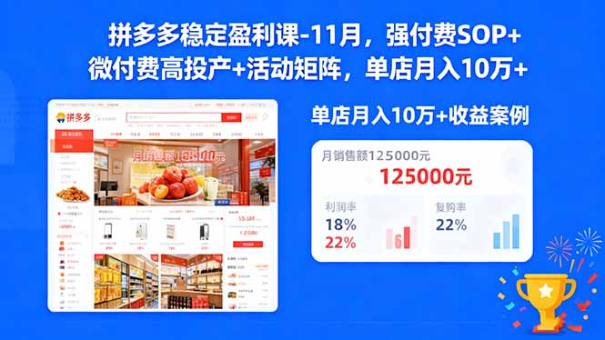 拼多多稳定盈利课-11月，强付费SOP+微付费高投产+活动矩阵，单店月入10w+ - 项目资源网