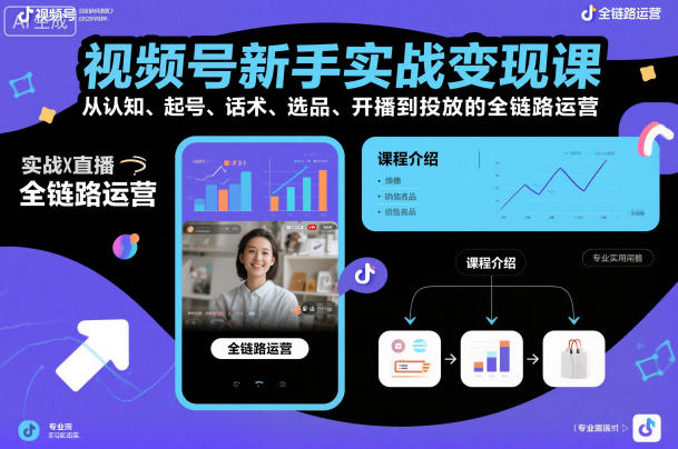视频号新手实战变现课，从认知、起号、话术、选品、开播到投放的全链路运营 - 项目资源网