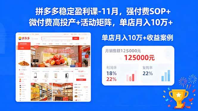 （16557期）拼多多稳定盈利课-11月，强付费SOP+微付费高投产+活动矩阵，单店月入10w+ - 项目资源网