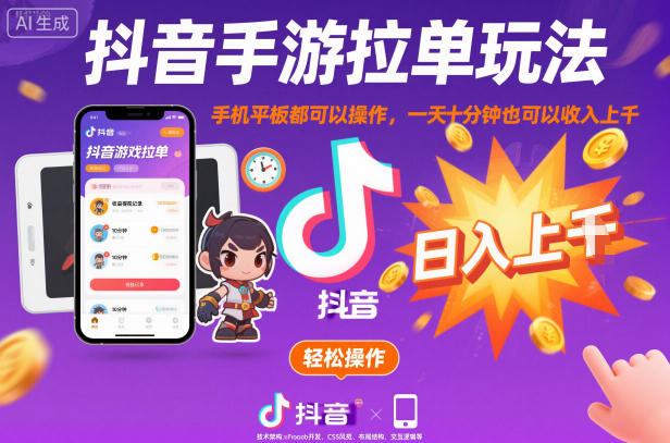 抖音手游拉单玩法，手机平板都可以操作，一天十分钟也可以收入上K【揭秘】 - 项目资源网