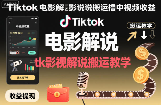Tiktok电影解说搬运撸中视频收益，tk影视解说搬运教学 - 项目资源网